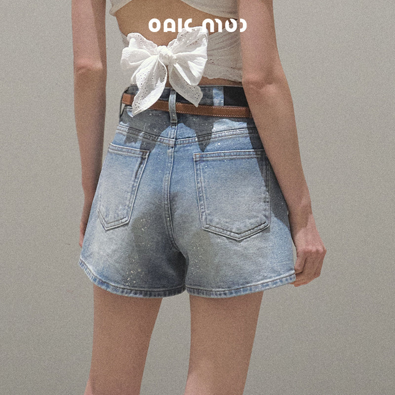 High Waist Splashed Wash Denim Shorts