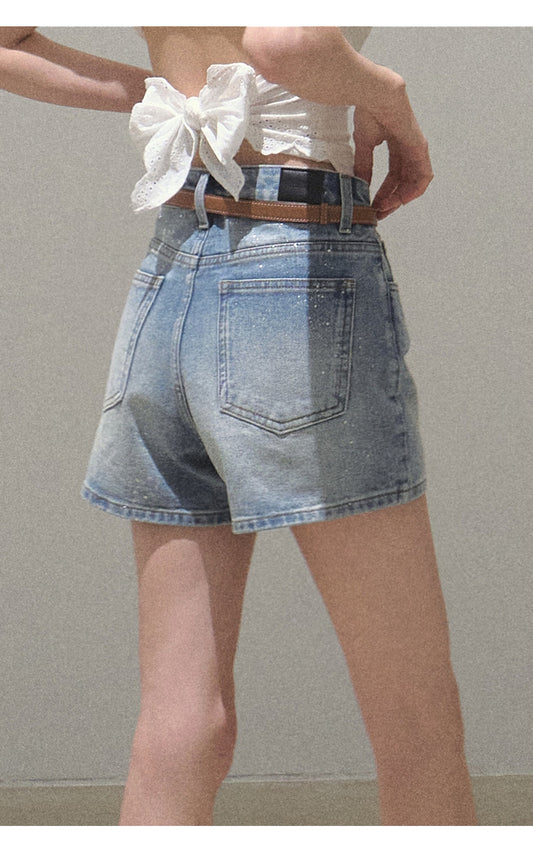 High Waist Splashed Wash Denim Shorts