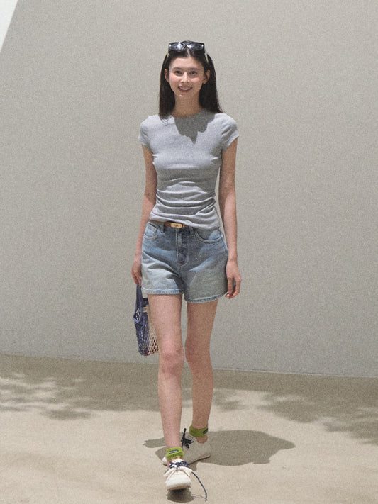 High Waist Splashed Wash Denim Shorts