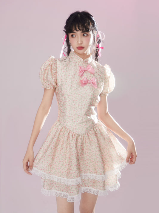 Qipao-Inspired Floral Puff Sleeve Dress With Bows