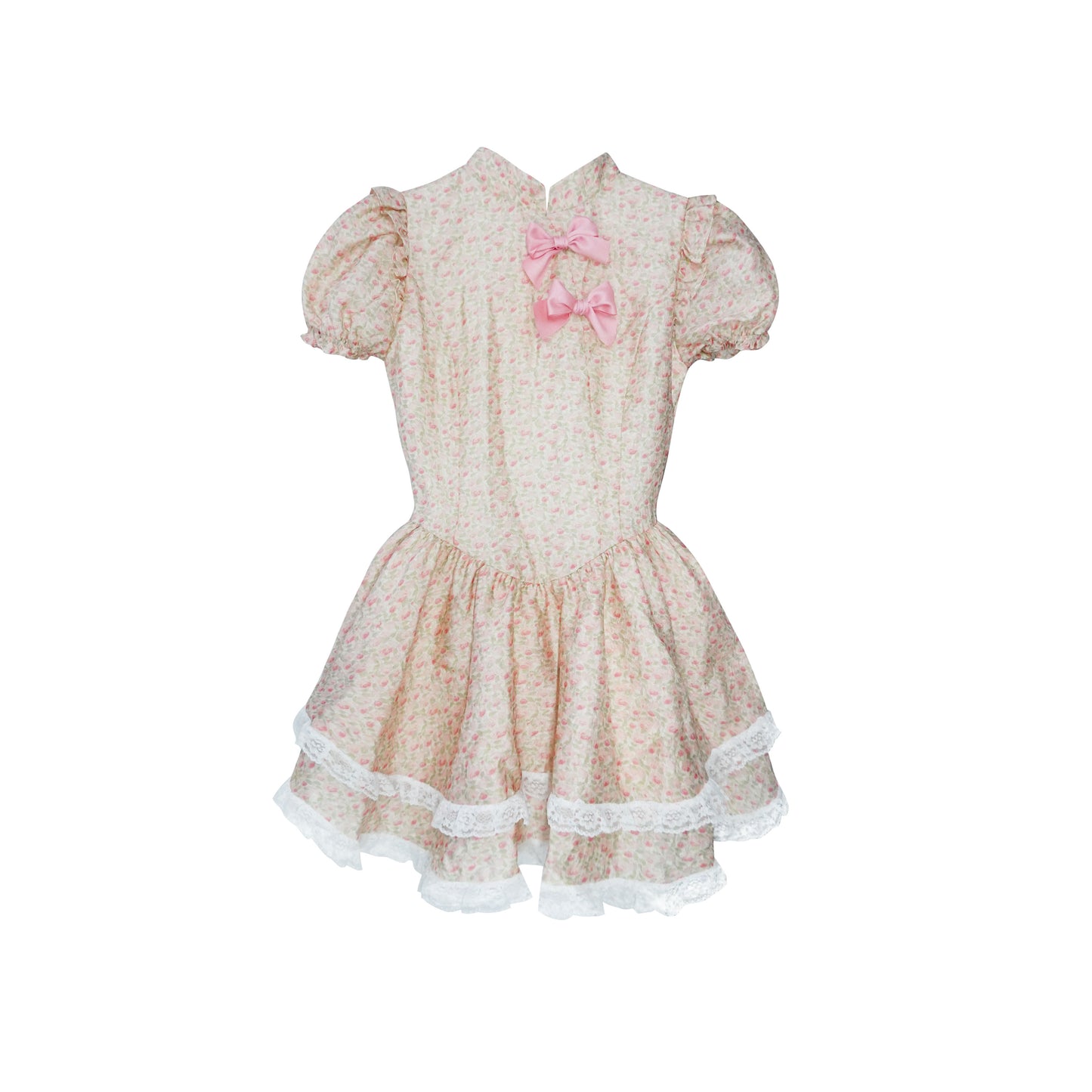 Qipao-Inspired Floral Puff Sleeve Dress With Bows