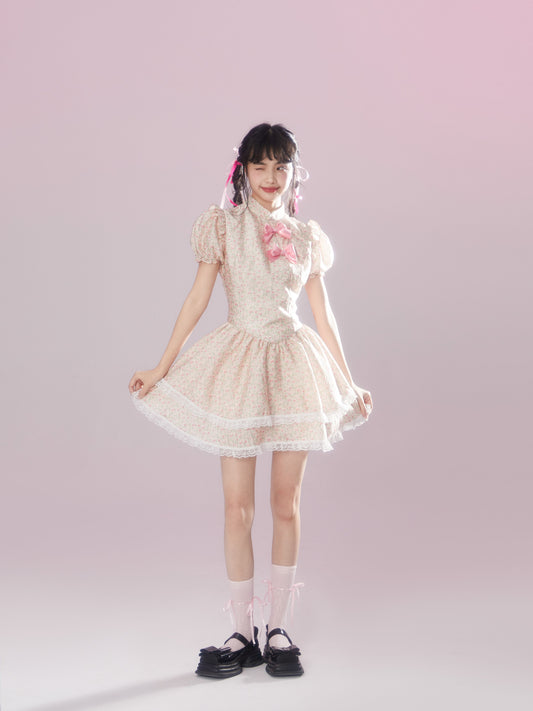 Qipao-Inspired Floral Puff Sleeve Dress With Bows
