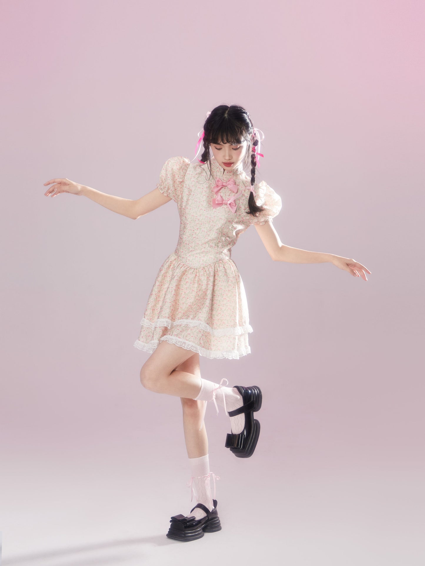 Qipao-Inspired Floral Puff Sleeve Dress With Bows