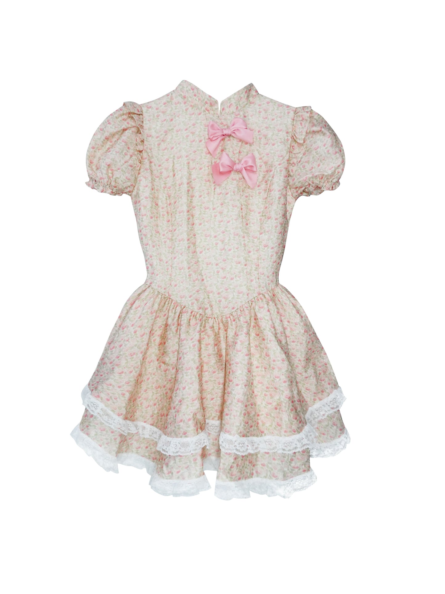 Qipao-Inspired Floral Puff Sleeve Dress With Bows