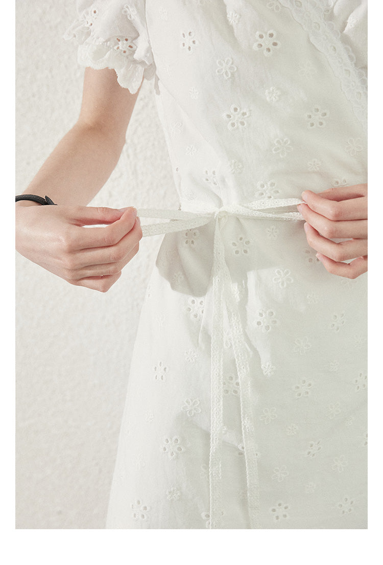 Scallop Hem Eyelet Embroidered Wrap Dress