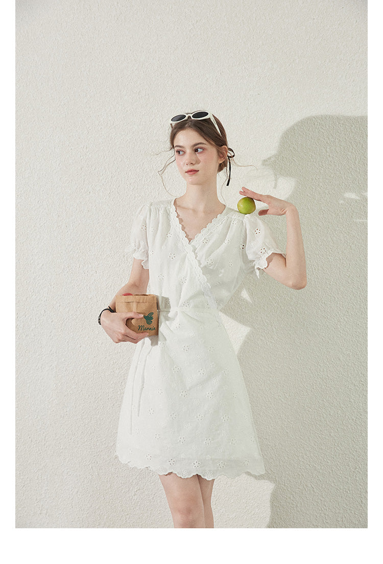 Scallop Hem Eyelet Embroidered Wrap Dress