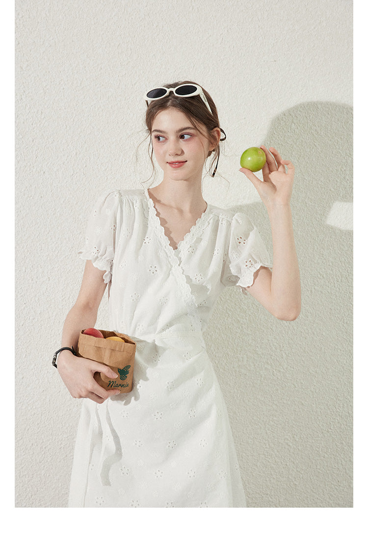 Scallop Hem Eyelet Embroidered Wrap Dress
