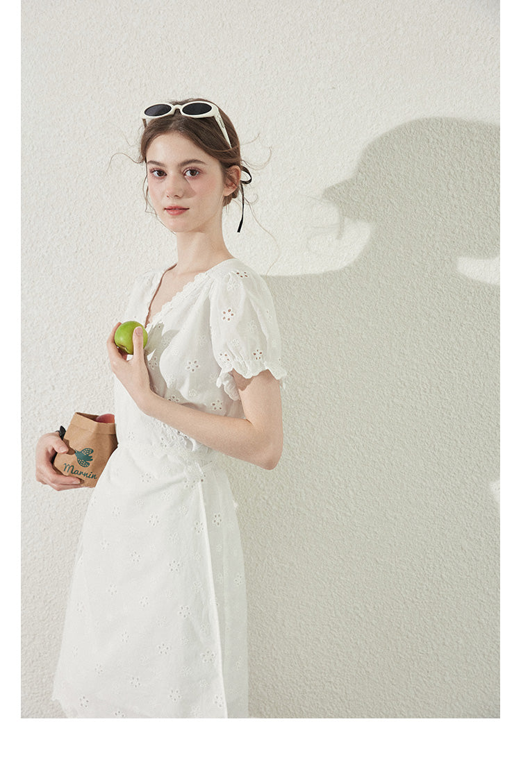 Scallop Hem Eyelet Embroidered Wrap Dress