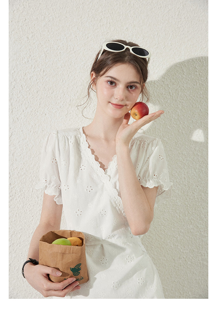 Scallop Hem Eyelet Embroidered Wrap Dress