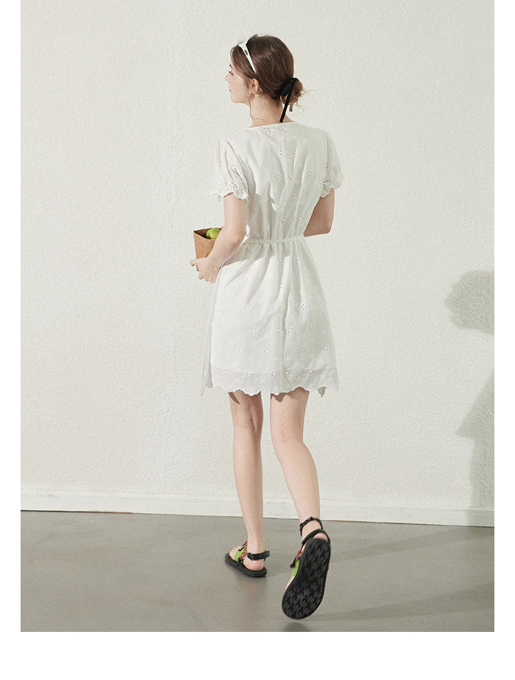 Scallop Hem Eyelet Embroidered Wrap Dress