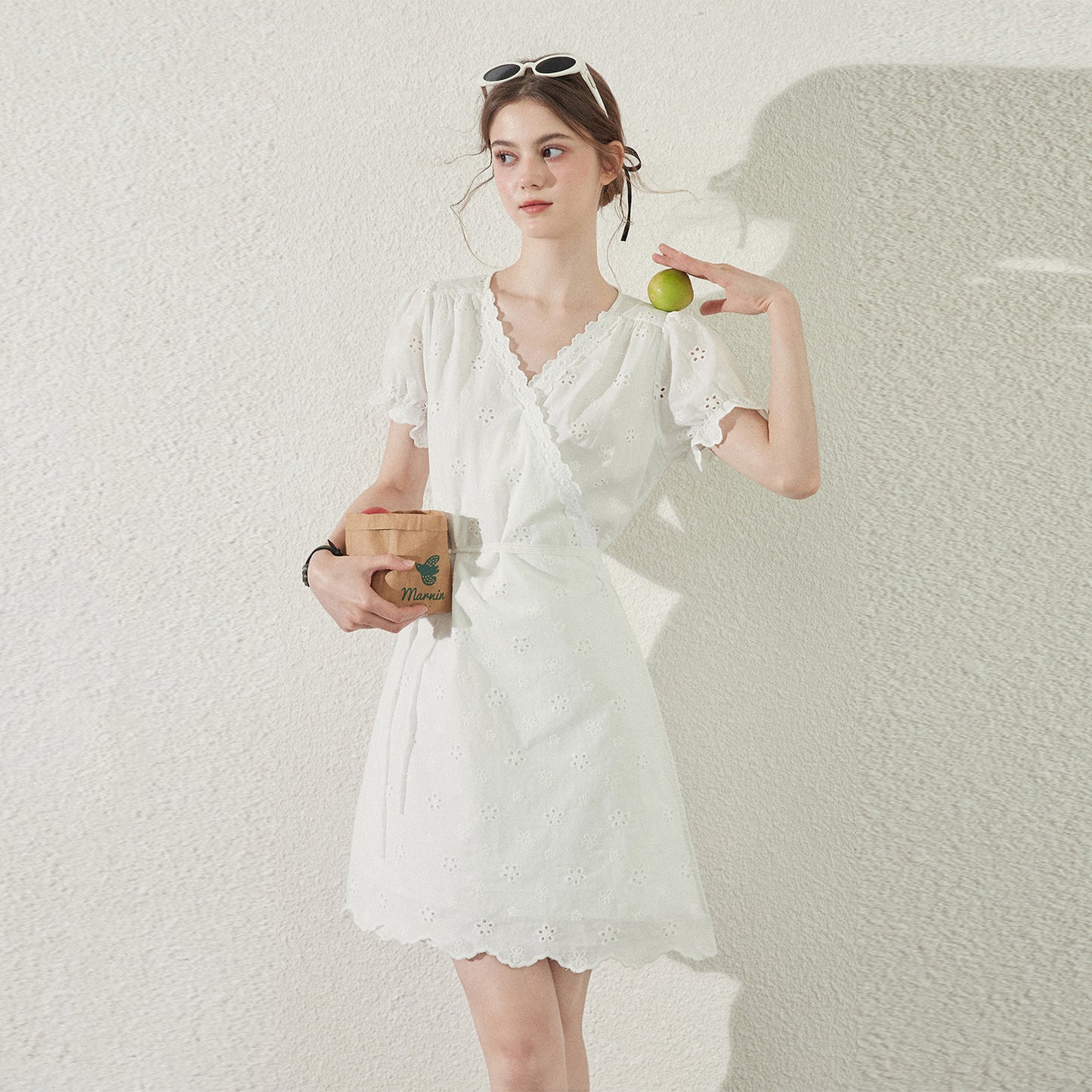 Scallop Hem Eyelet Embroidered Wrap Dress