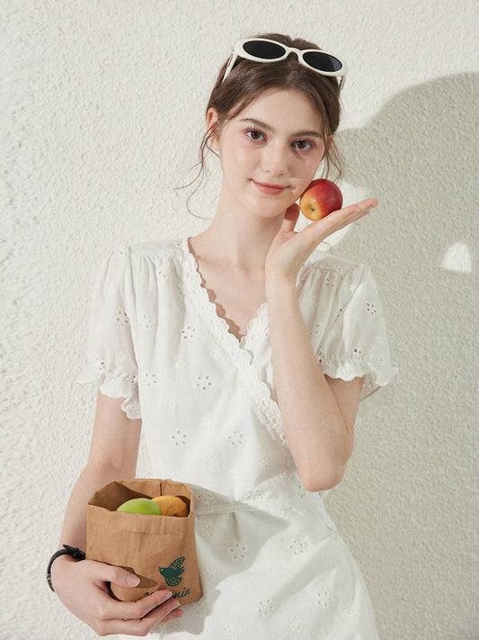 Scallop Hem Eyelet Embroidered Wrap Dress