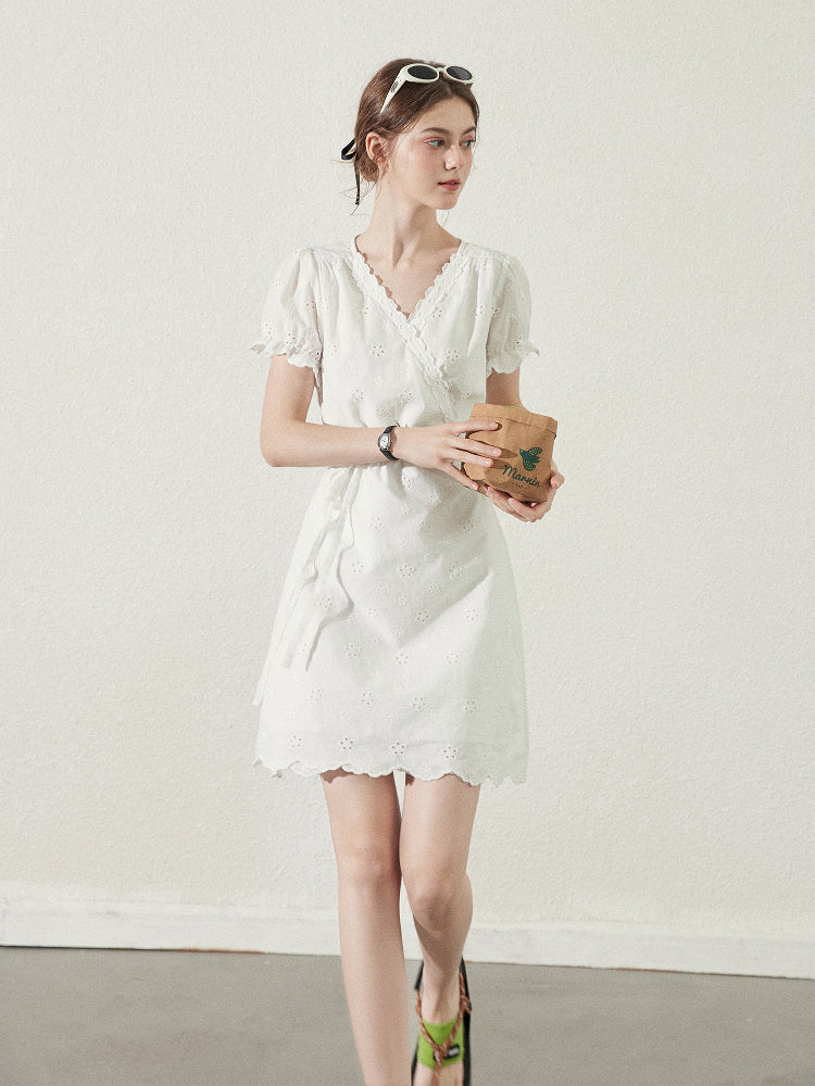 Scallop Hem Eyelet Embroidered Wrap Dress