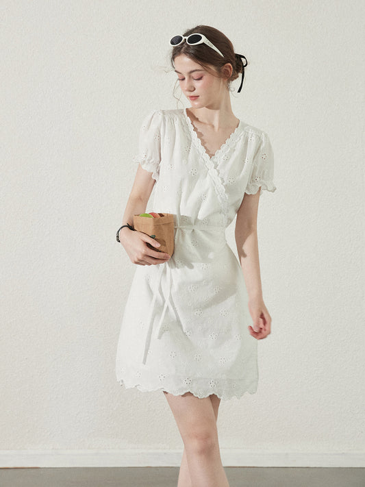 Scallop Hem Eyelet Embroidered Wrap Dress