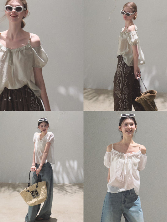 Puff Sleeve Blouse With Beaded Shoulder Straps