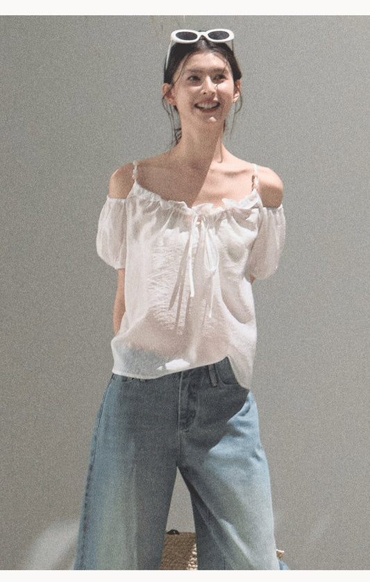 Puff Sleeve Blouse With Beaded Shoulder Straps