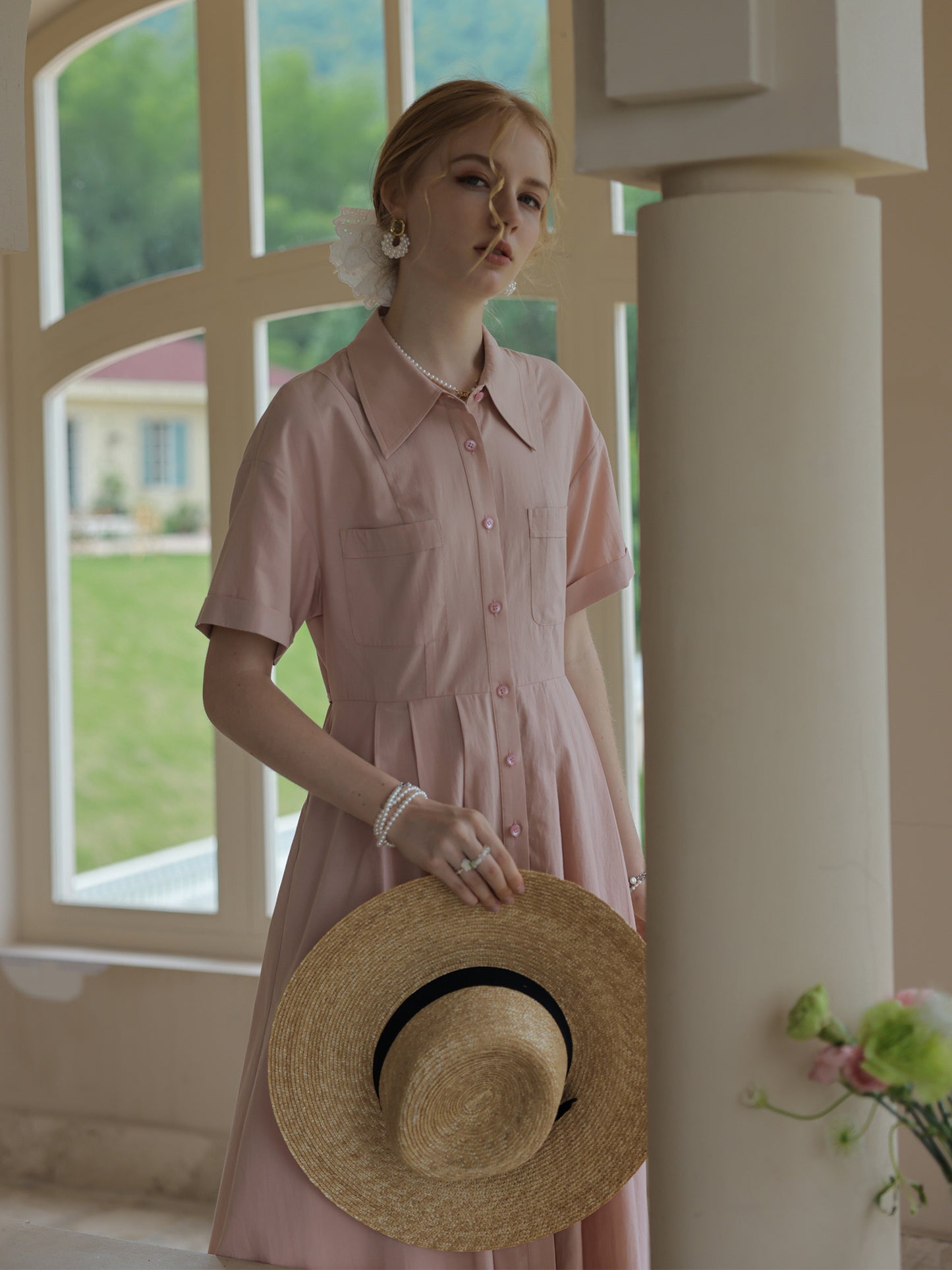 Classic Short-Sleeve Pleated Shirt Dress