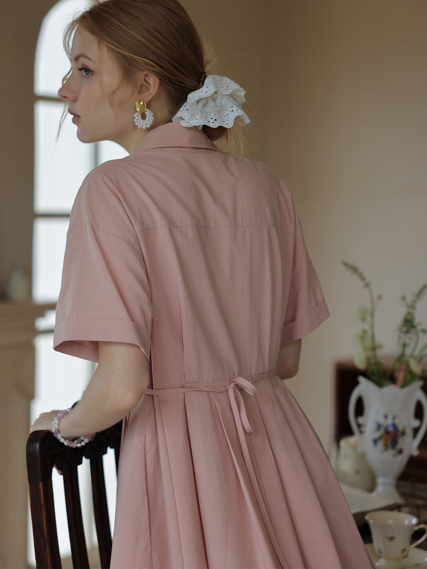 Classic Short-Sleeve Pleated Shirt Dress