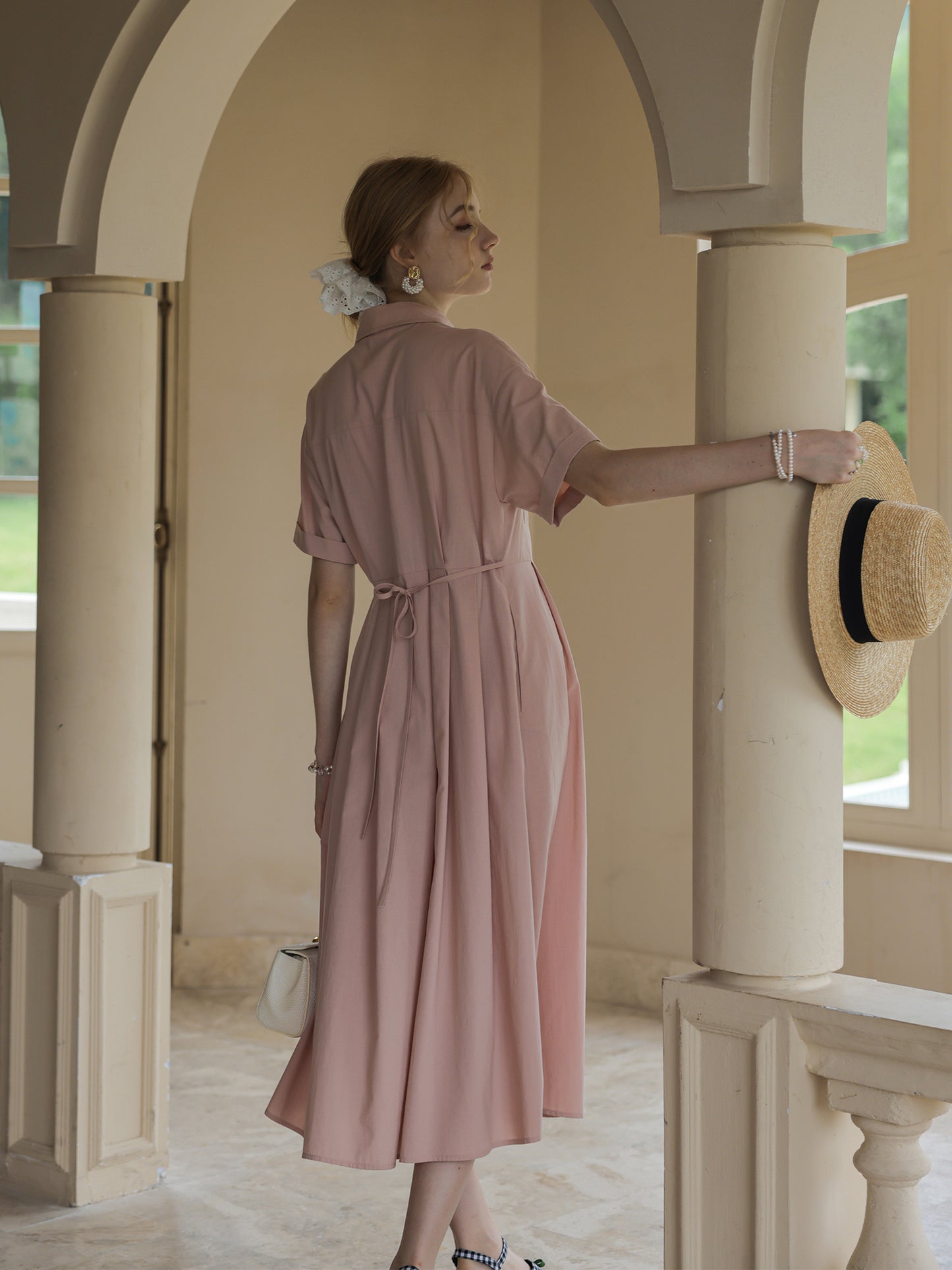 Classic Short-Sleeve Pleated Shirt Dress