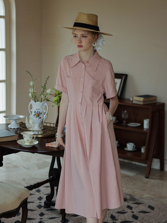 Classic Short-Sleeve Pleated Shirt Dress