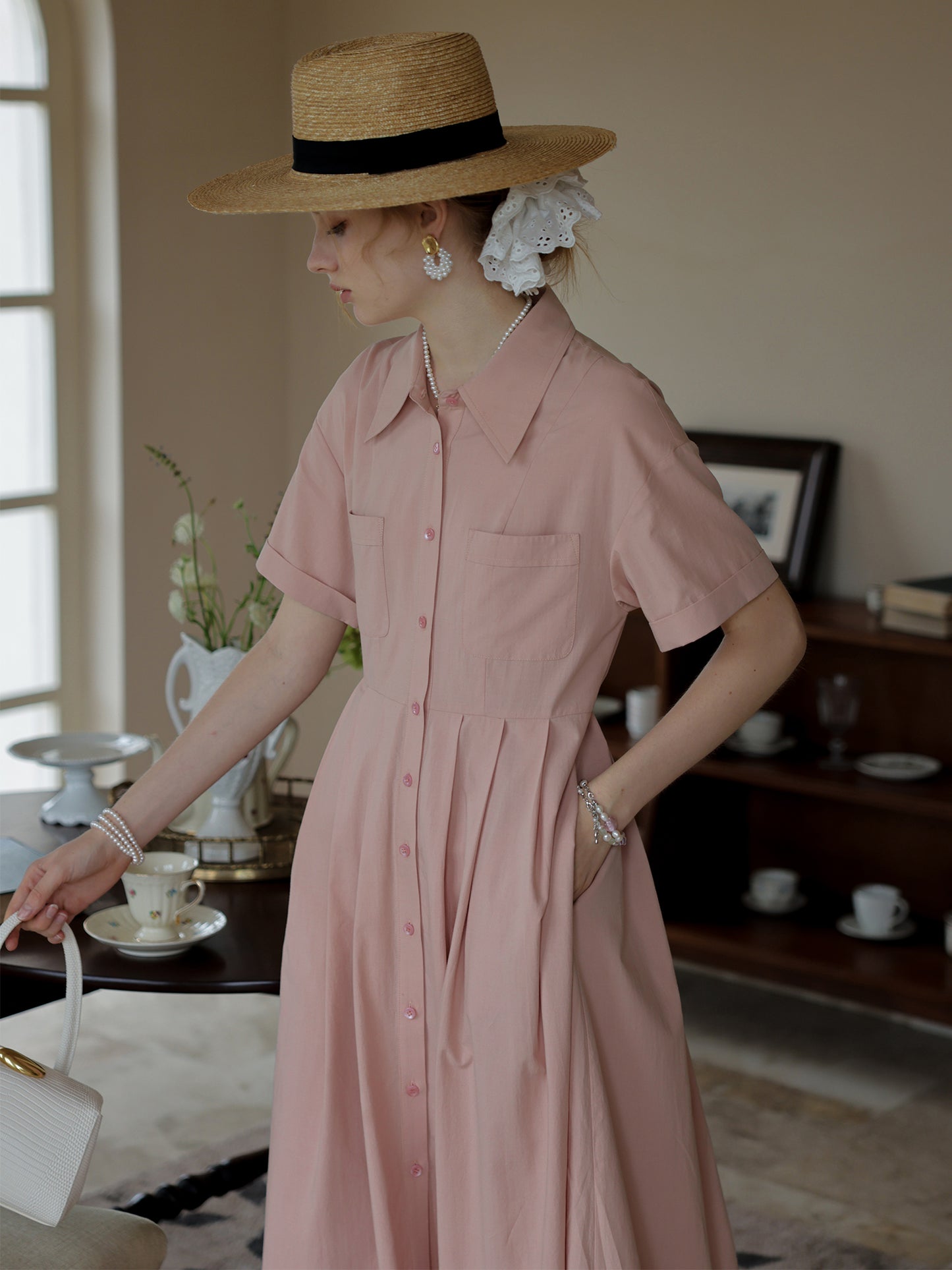 Classic Short-Sleeve Pleated Shirt Dress