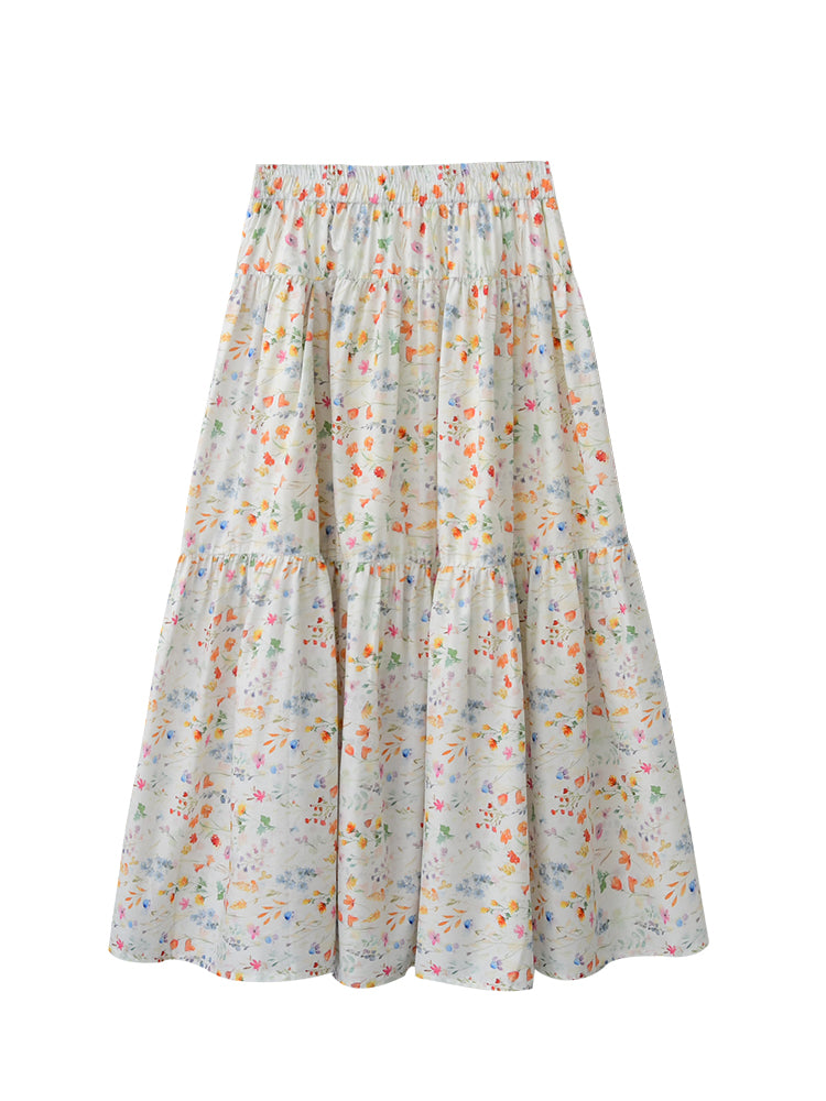 Cotton Floral Tiered Maxi Skirt