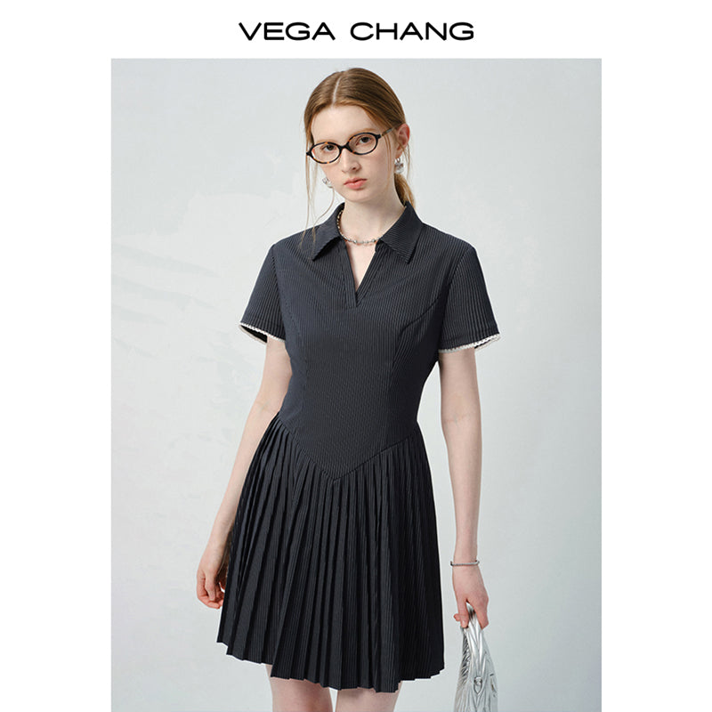 Pinstripe Accordion-Pleated Polo Dress