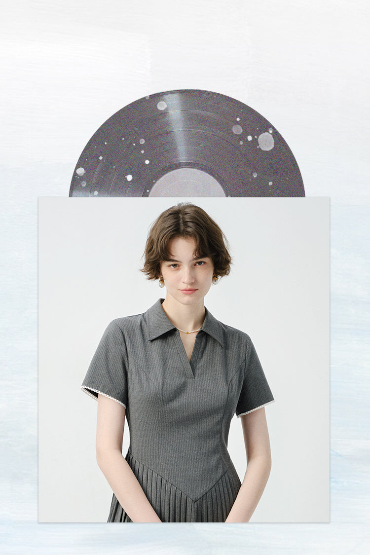 Pinstripe Accordion-Pleated Polo Dress