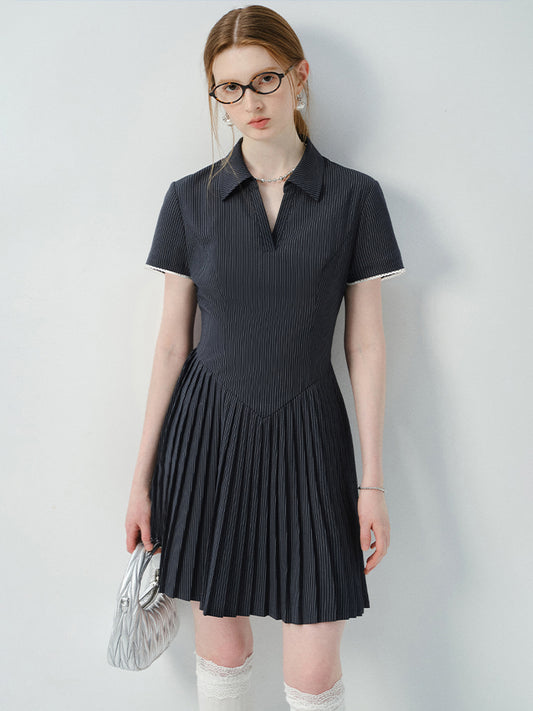 Pinstripe Accordion-Pleated Polo Dress