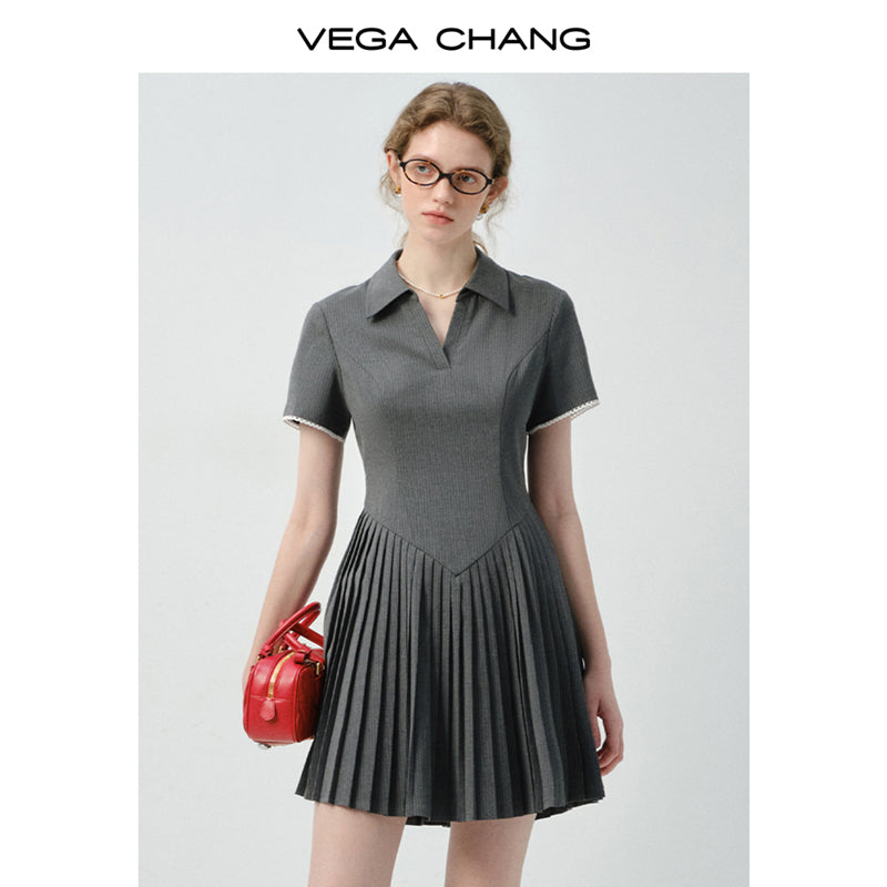 Pinstripe Accordion-Pleated Polo Dress