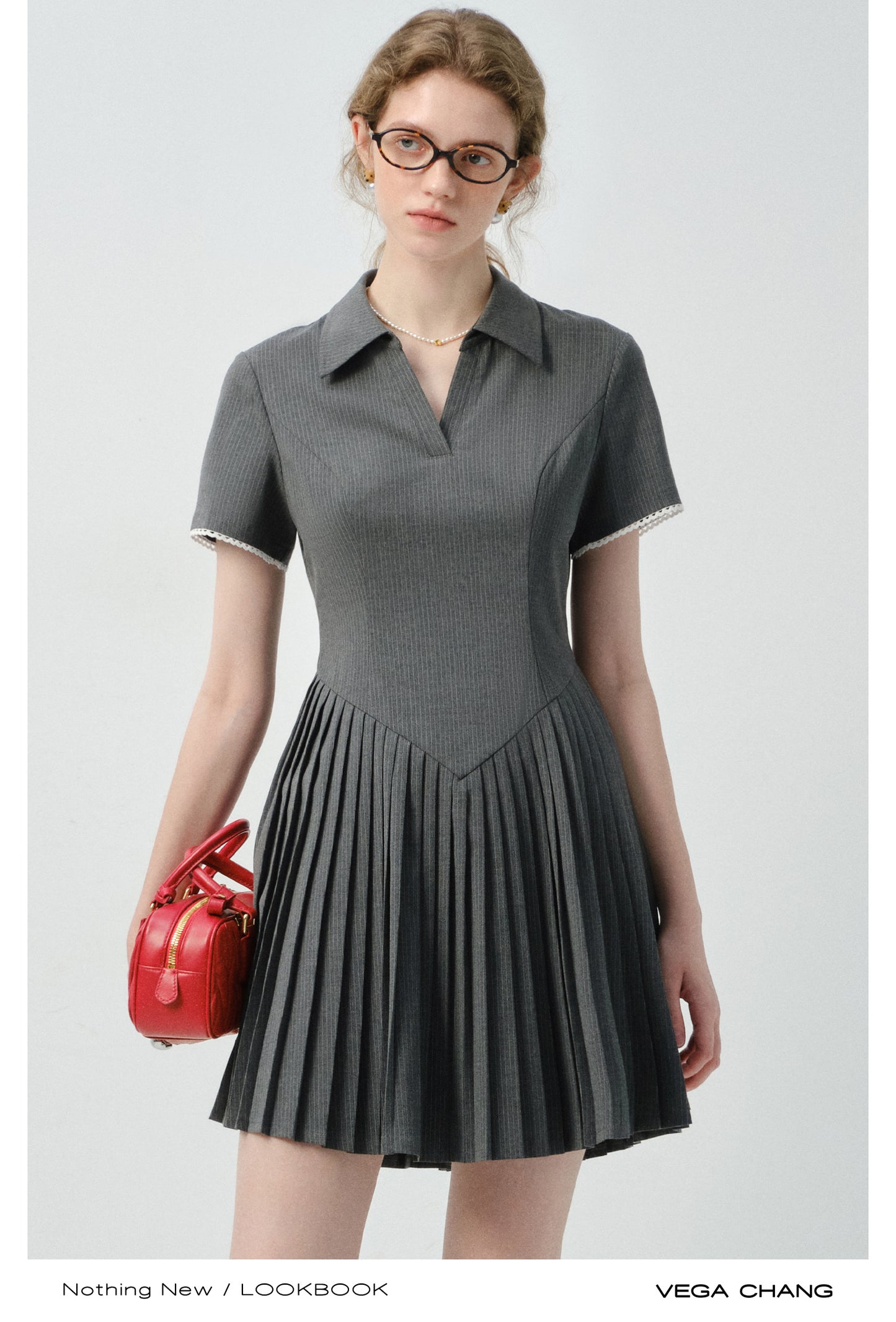 Pinstripe Accordion-Pleated Polo Dress