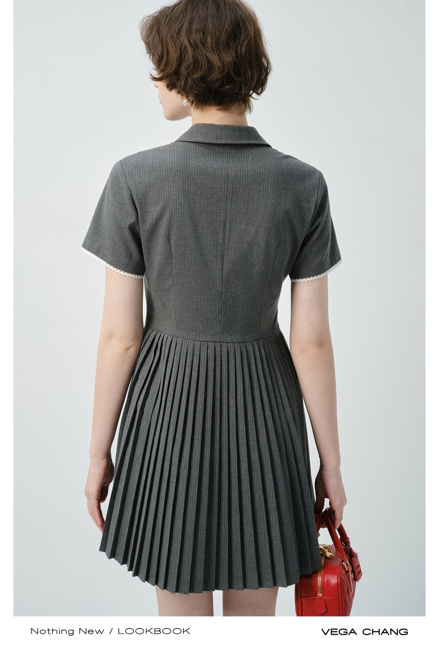 Pinstripe Accordion-Pleated Polo Dress