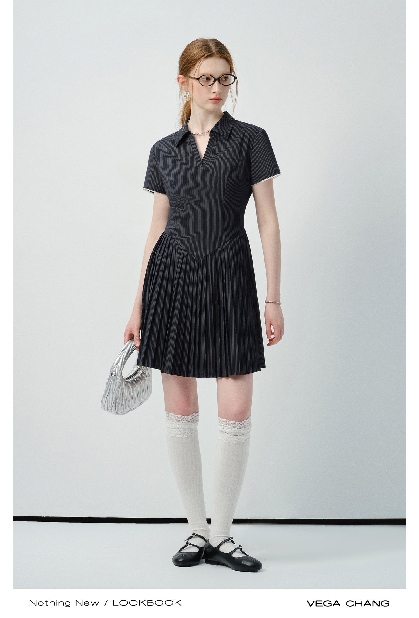 Pinstripe Accordion-Pleated Polo Dress
