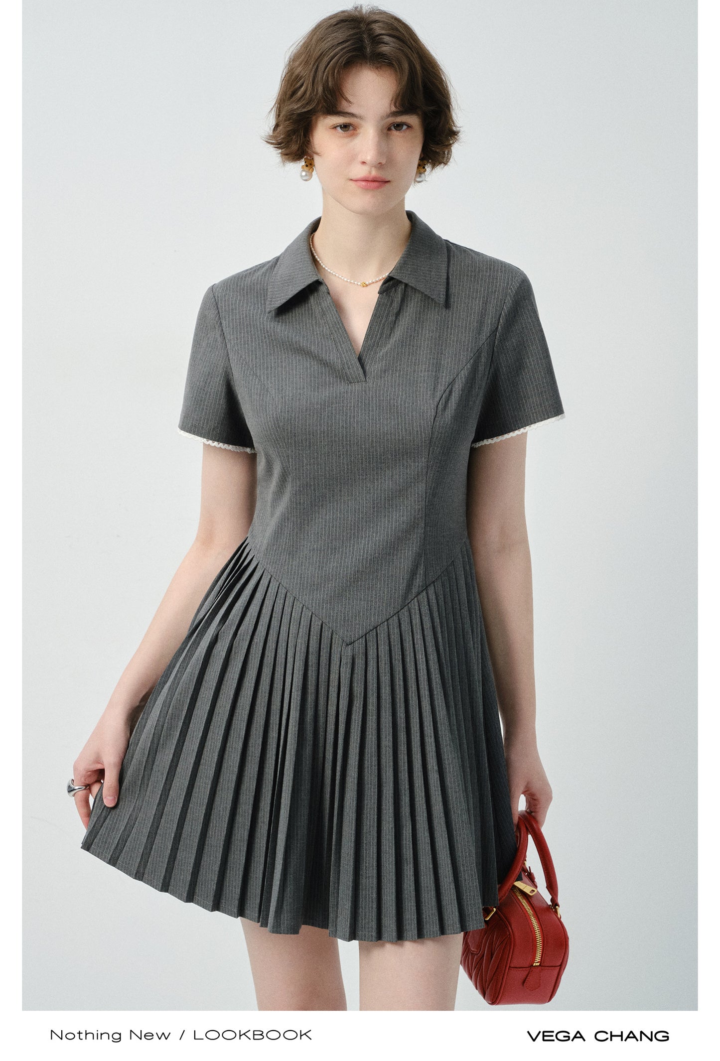 Pinstripe Accordion-Pleated Polo Dress