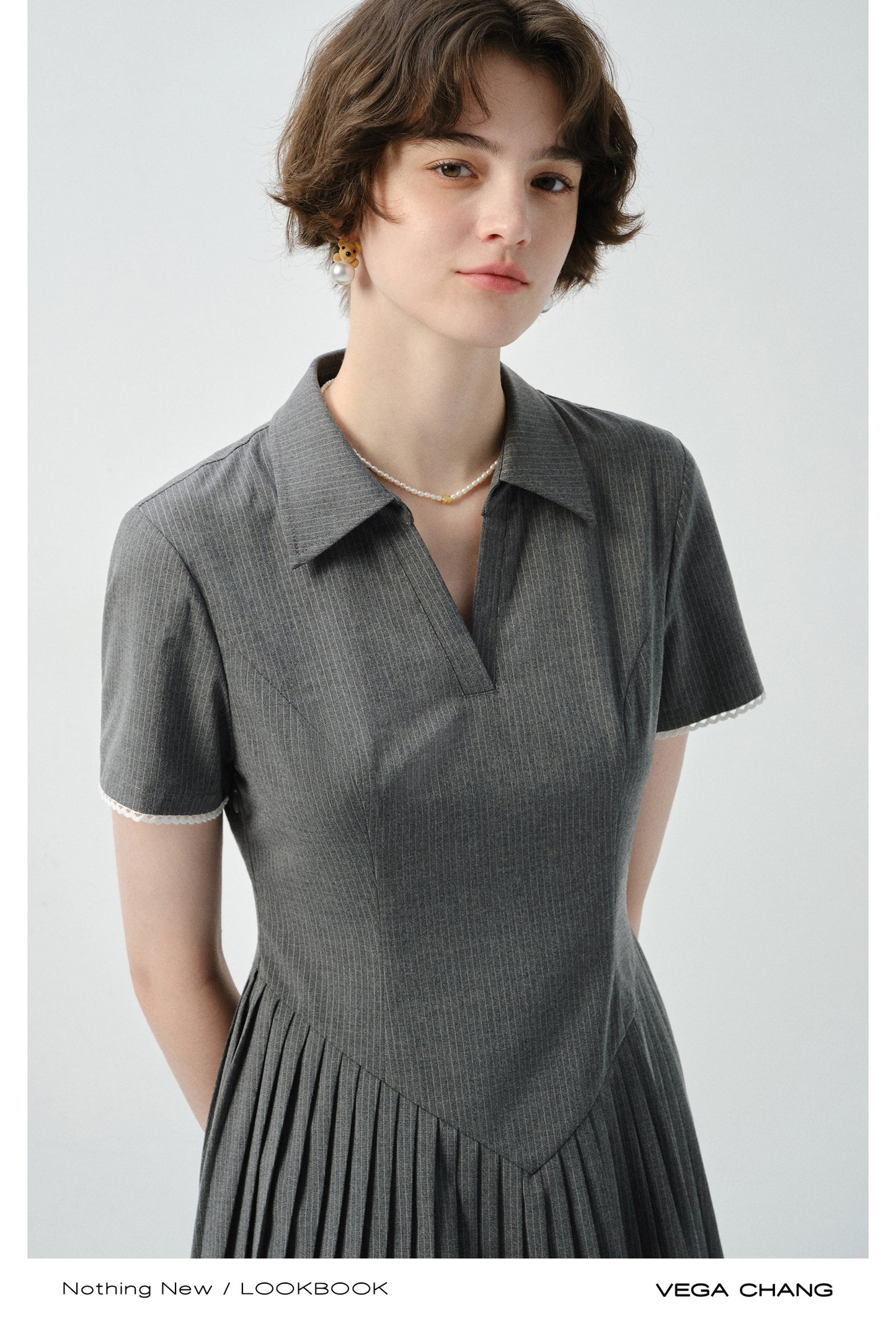 Pinstripe Accordion-Pleated Polo Dress