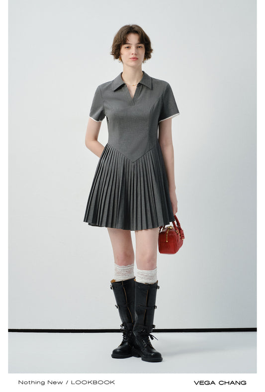 Pinstripe Accordion-Pleated Polo Dress