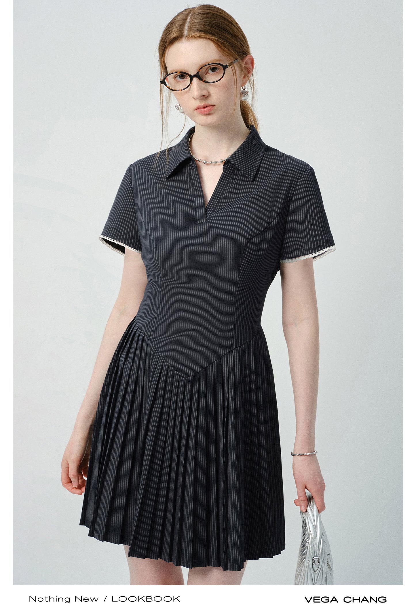 Pinstripe Accordion-Pleated Polo Dress