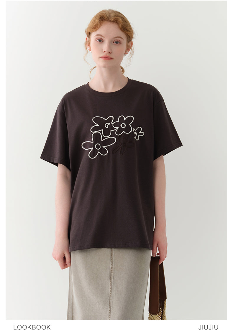 Flower-Motif Embroidered T-Shirt