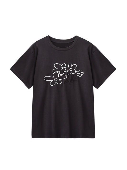 Flower-Motif Embroidered T-Shirt