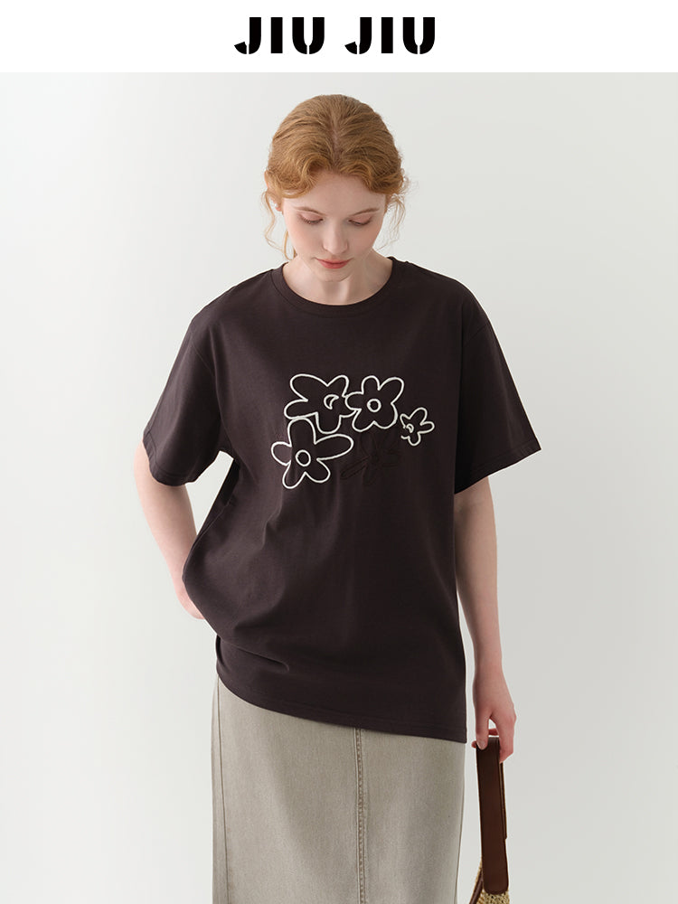 Flower-Motif Embroidered T-Shirt