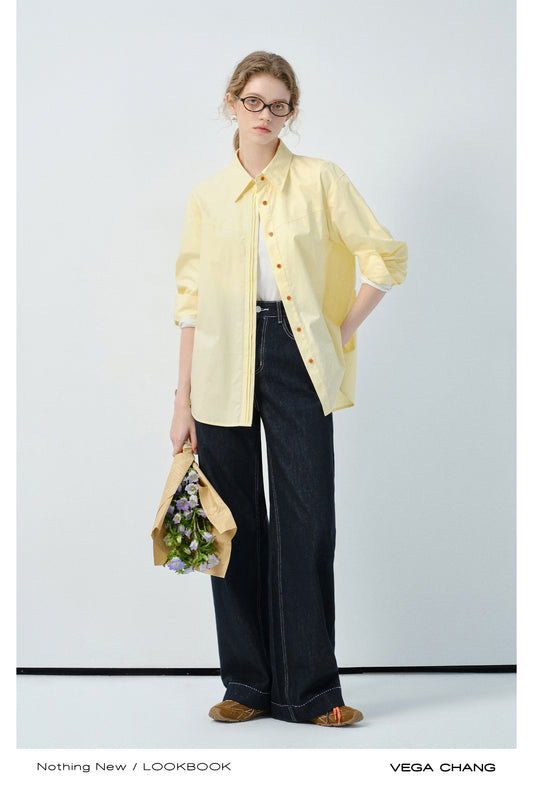 Pleated Placket Button-Up Shirt
