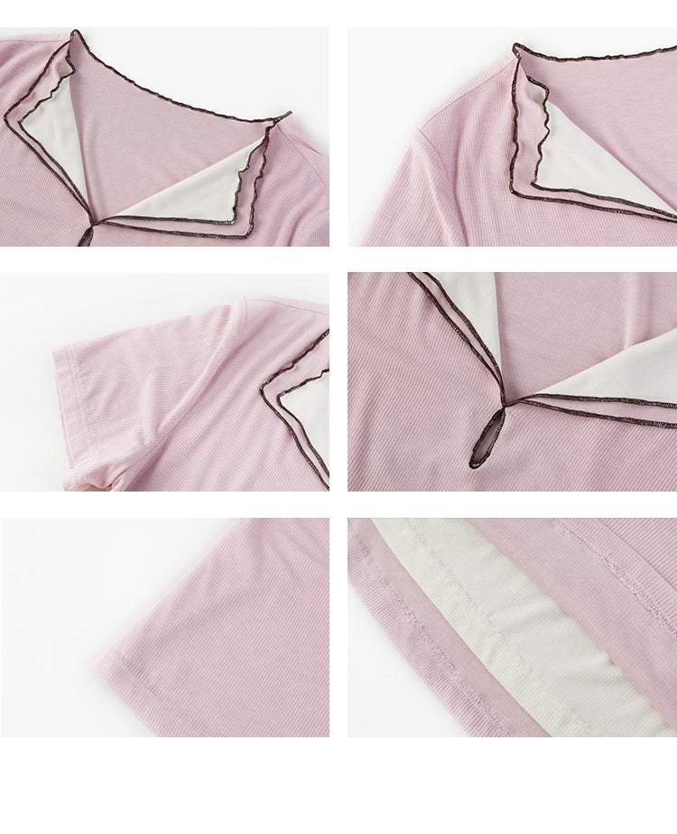 Ribbed Top With Contrasted Lettuce Edge Double Collar