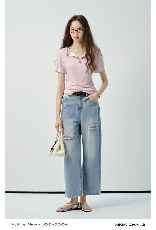 Ribbed Top With Contrasted Lettuce Edge Double Collar