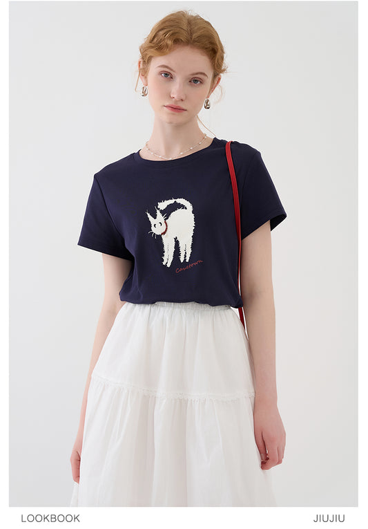 Cat Print Cotton T-Shirt