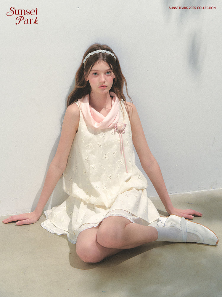 Embroidered Bubble Dress With Large Tie Neck