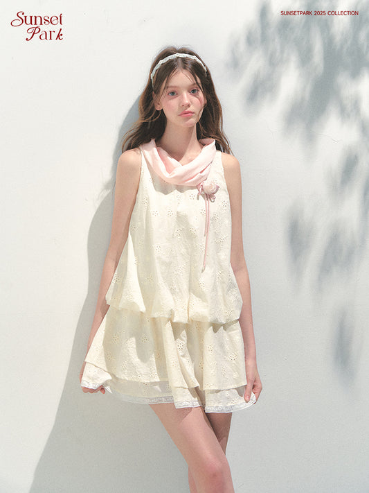 Embroidered Bubble Dress With Large Tie Neck