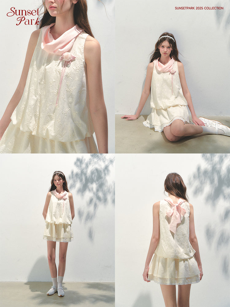 Embroidered Bubble Dress With Large Tie Neck