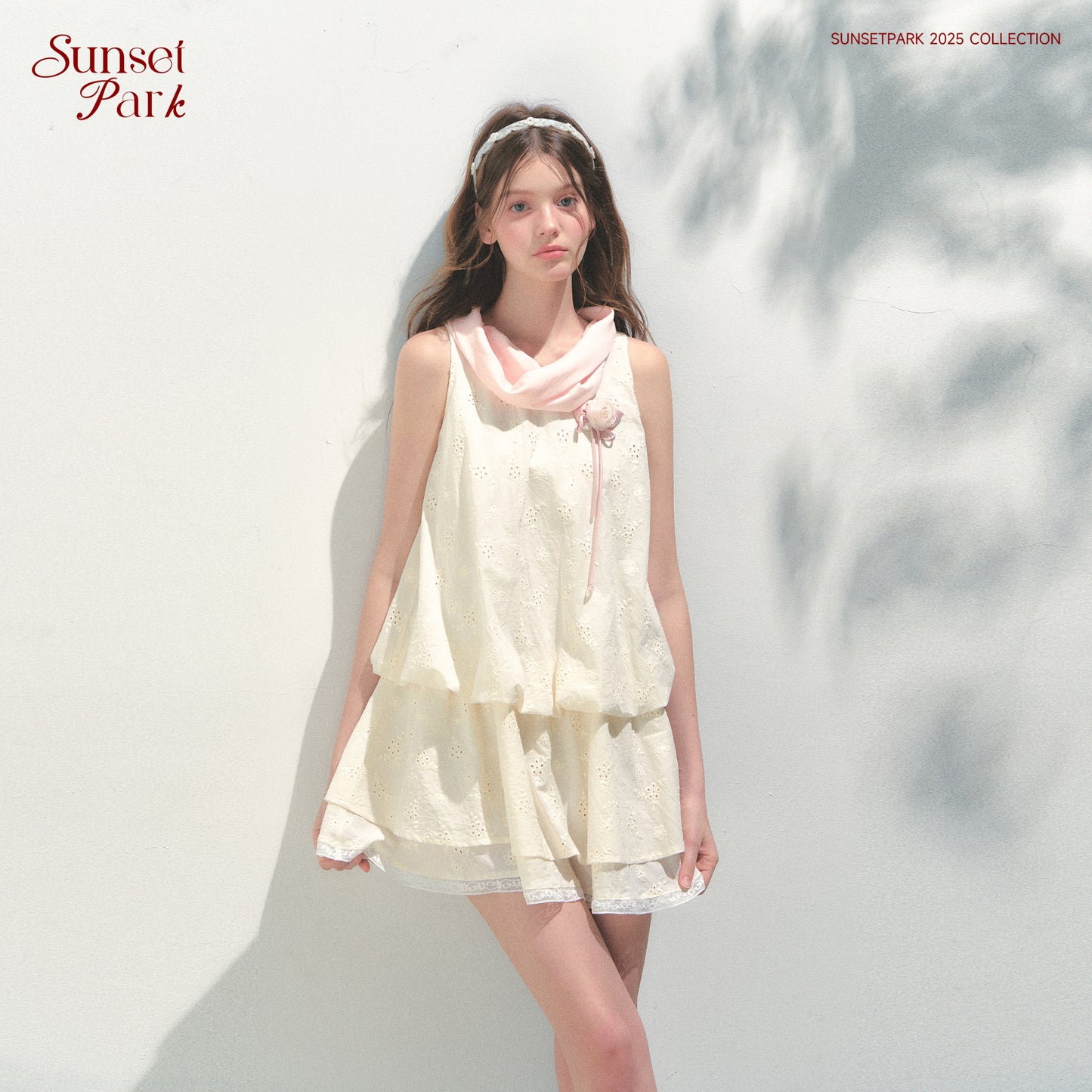 Embroidered Bubble Dress With Large Tie Neck