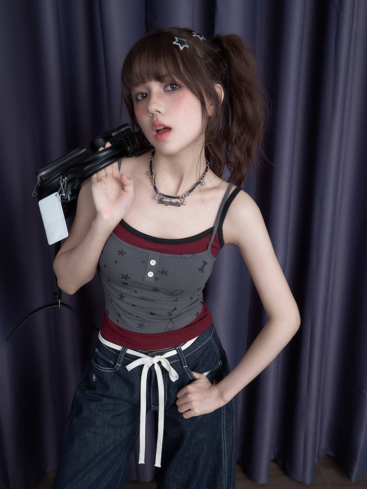 Faux-Layered Camisole Top With Puppy Party Print