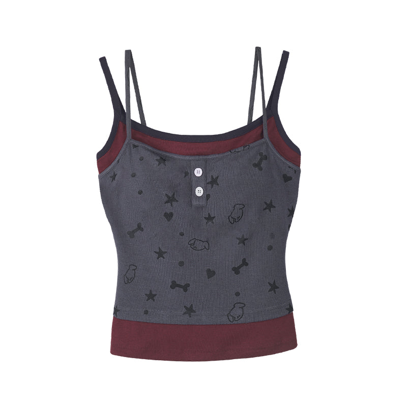 Faux-Layered Camisole Top With Puppy Party Print